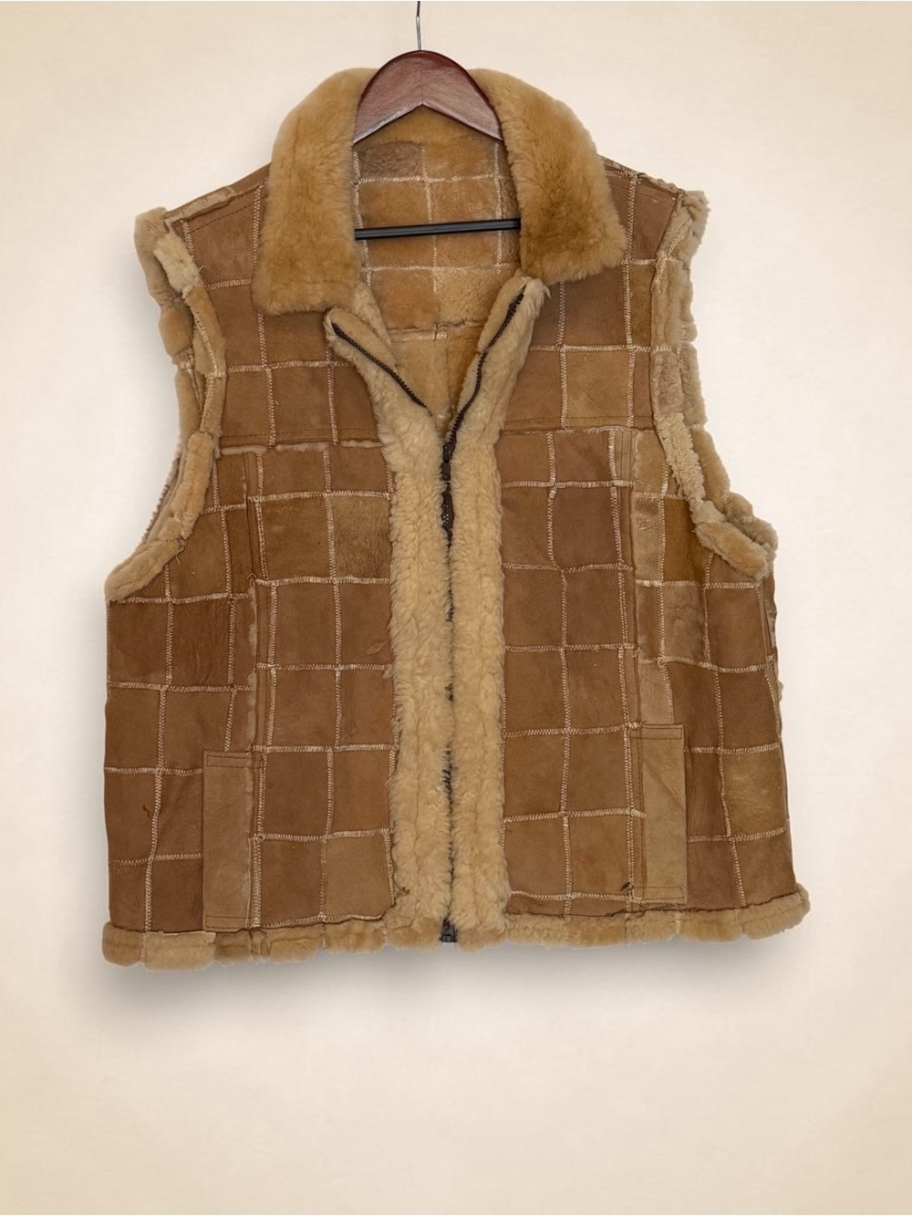 Vintage 70s Men's Lambskin & Suede Patchwork Boho Vest-50 XL made in Mexico